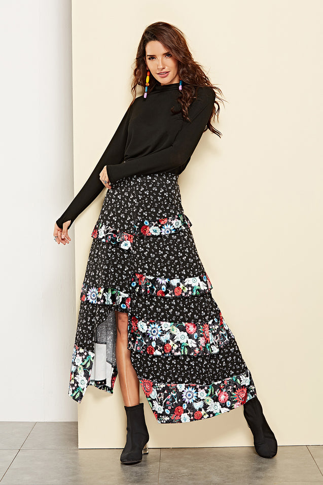 The Floral Swing Skirt - BLACK