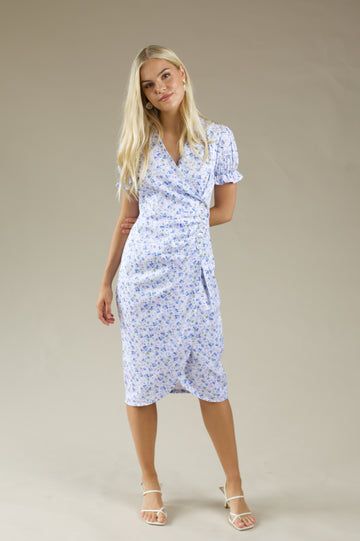 Shell Button Warp Midi Dress - BLUE FLORAL