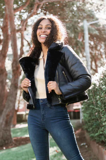 Faux Fur Biker Jacket - BLACK