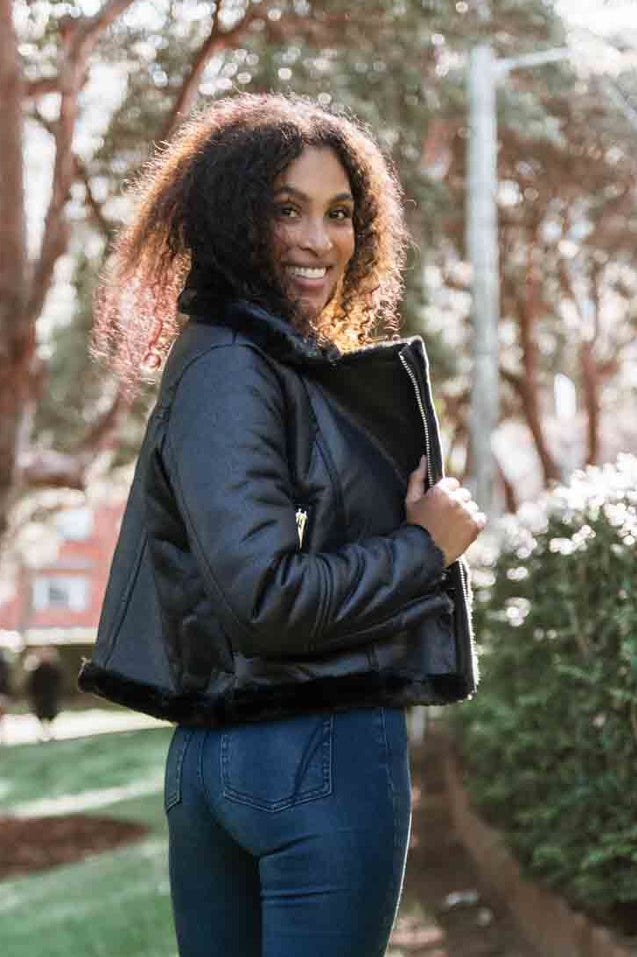 Faux Fur Biker Jacket - BLACK