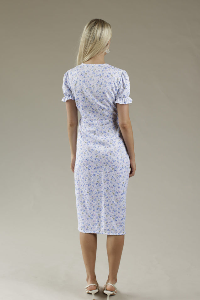 Shell Button Warp Midi Dress - BLUE FLORAL